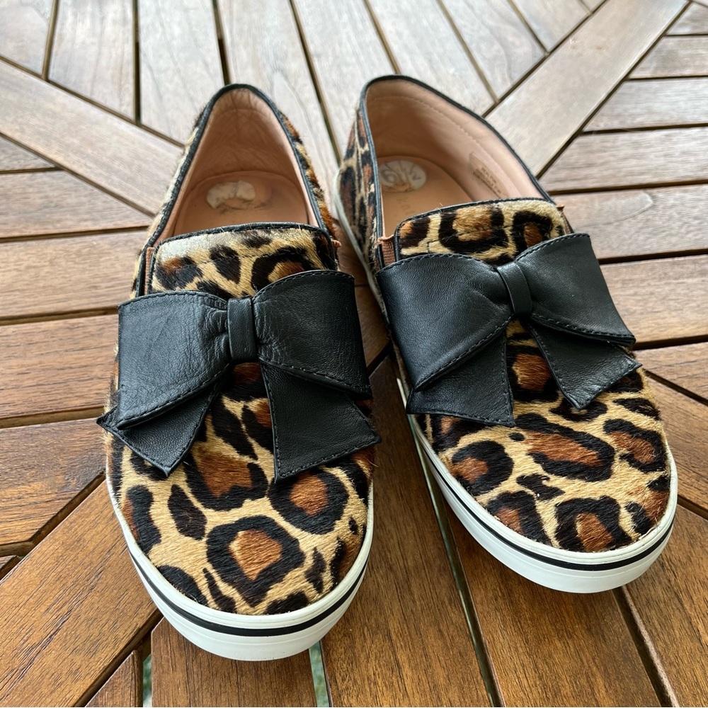 Kate Spade Women’s 6.5 Delise Leopard Print Calf Hair Black Bow Slip On Shoes